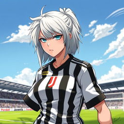 A detailed and dynamic illustration of Saber Alter, a strong and fierce character, wearing a Juventus football kit
