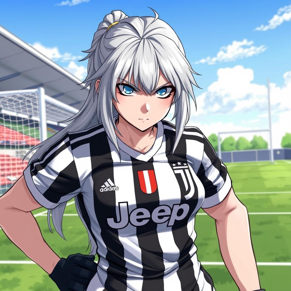 A detailed and dynamic illustration of Saber Alter, a strong and fierce character, wearing a Juventus football kit