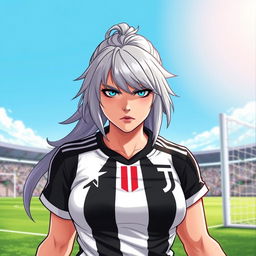 A detailed and dynamic illustration of Saber Alter, a strong and fierce character, wearing a Juventus football kit