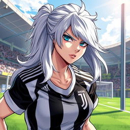 A detailed and dynamic illustration of Saber Alter, a strong and fierce character, wearing a Juventus football kit