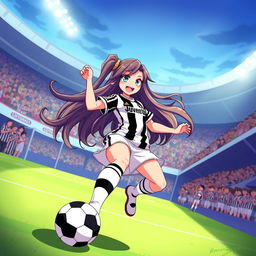A vibrant and stylized illustration of Furina, a fantasy character, wearing a Juventus football kit