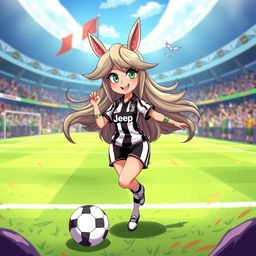 A vibrant and stylized illustration of Furina, a fantasy character, wearing a Juventus football kit
