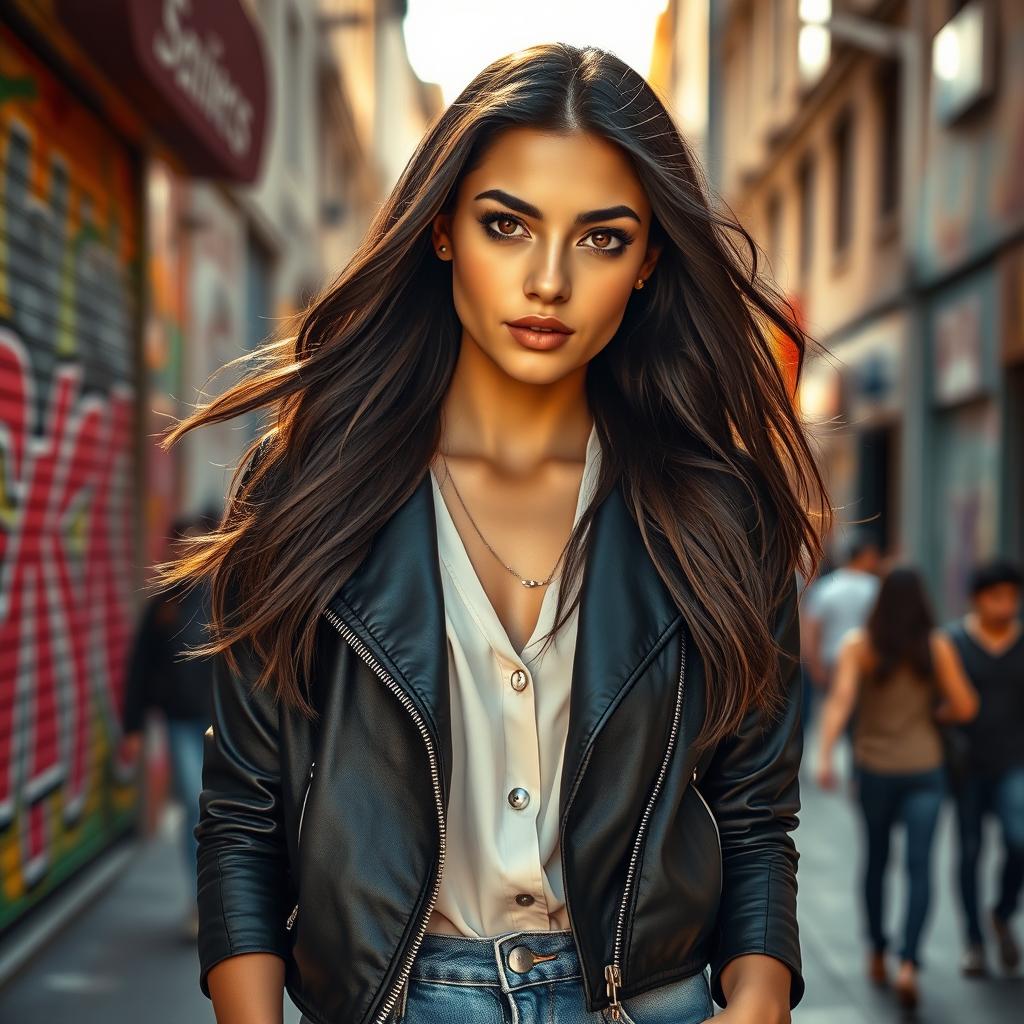 A stunning portrait of a confident young woman standing in a vibrant urban setting