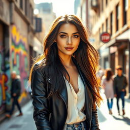 A stunning portrait of a confident young woman standing in a vibrant urban setting