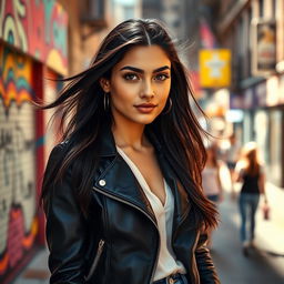 A stunning portrait of a confident young woman standing in a vibrant urban setting