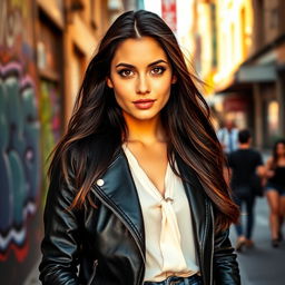 A stunning portrait of a confident young woman standing in a vibrant urban setting
