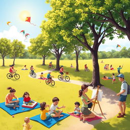 A vibrant outdoor scene depicting various recreational activities in a sunny park setting