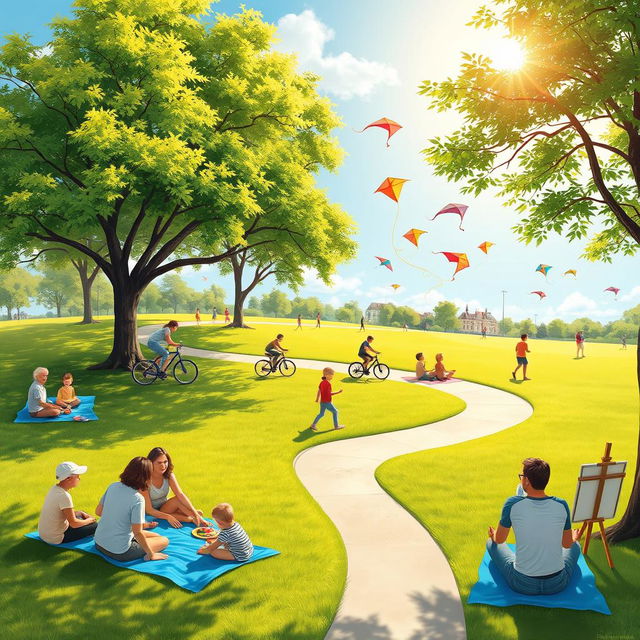 A vibrant outdoor scene depicting various recreational activities in a sunny park setting