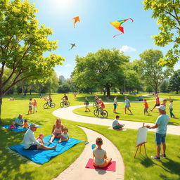 A vibrant outdoor scene depicting various recreational activities in a sunny park setting