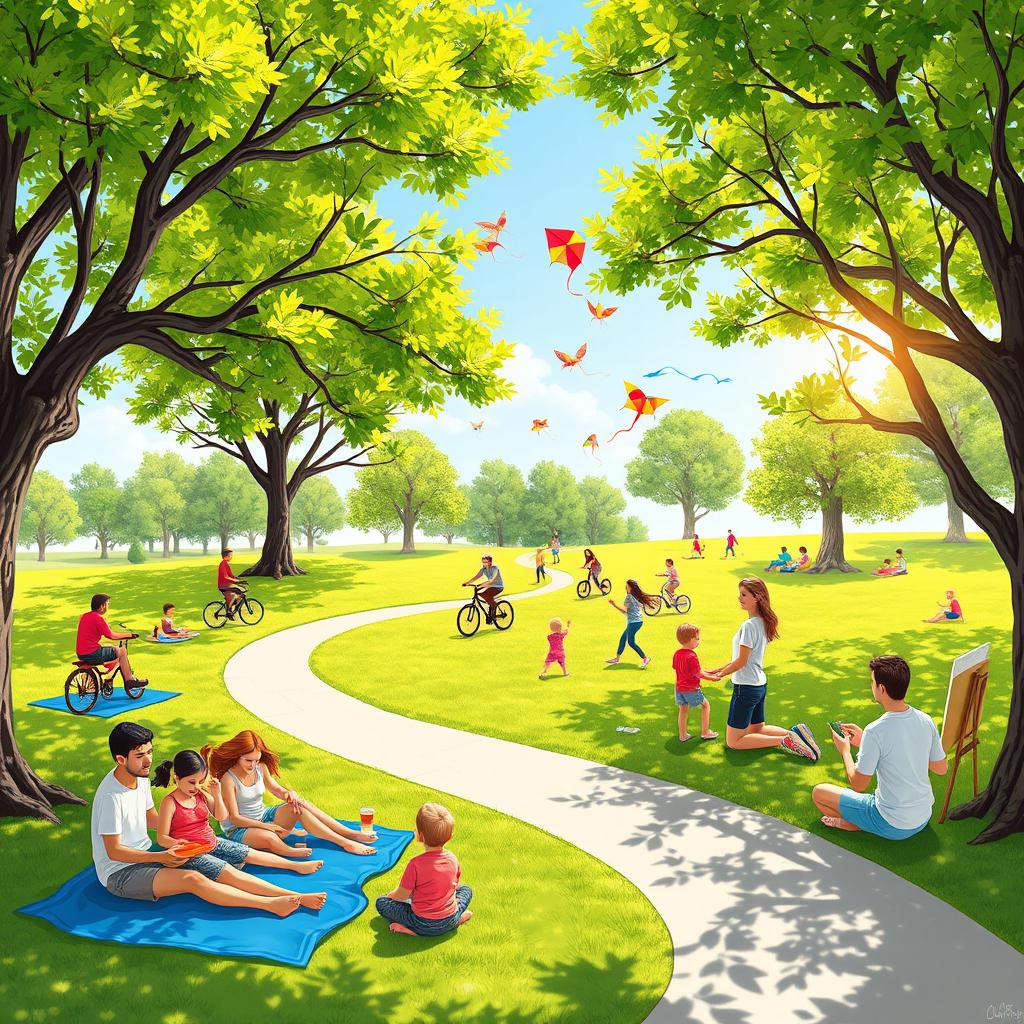 A vibrant outdoor scene depicting various recreational activities in a sunny park setting