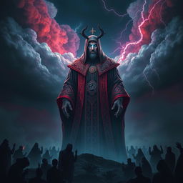 An artistic representation of Dajjal, the figure symbolizing the greatest tribulation of the end times in Islamic eschatology, depicted as a powerful and mesmerizing figure standing on a dark, stormy landscape