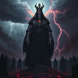 An artistic representation of Dajjal, the figure symbolizing the greatest tribulation of the end times in Islamic eschatology, depicted as a powerful and mesmerizing figure standing on a dark, stormy landscape