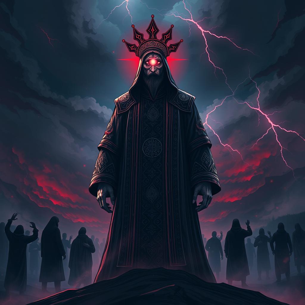 An artistic representation of Dajjal, the figure symbolizing the greatest tribulation of the end times in Islamic eschatology, depicted as a powerful and mesmerizing figure standing on a dark, stormy landscape