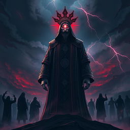 An artistic representation of Dajjal, the figure symbolizing the greatest tribulation of the end times in Islamic eschatology, depicted as a powerful and mesmerizing figure standing on a dark, stormy landscape