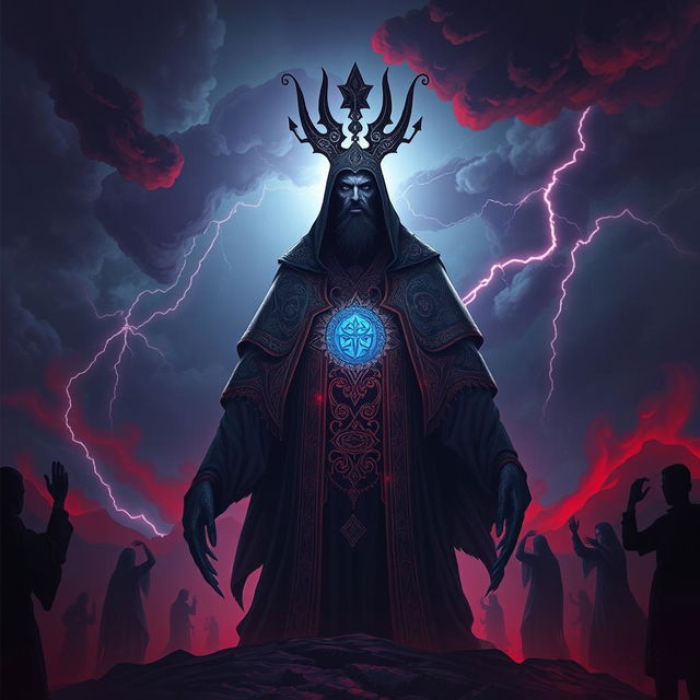 An artistic representation of Dajjal, the figure symbolizing the greatest tribulation of the end times in Islamic eschatology, depicted as a powerful and mesmerizing figure standing on a dark, stormy landscape
