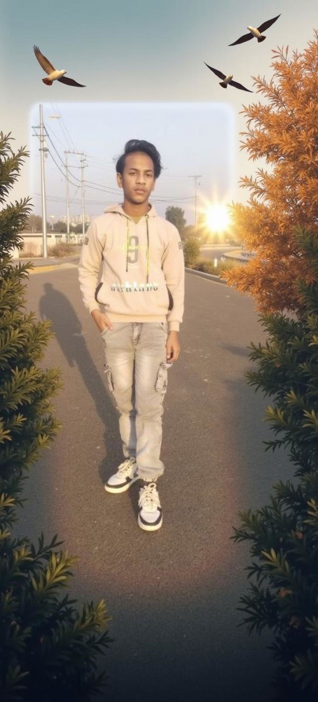 A young man standing on a walkway in a park during the late afternoon