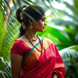 An artistic representation capturing the essence of a traditional Mallu (Malayali) woman in a vibrant, richly colored saree