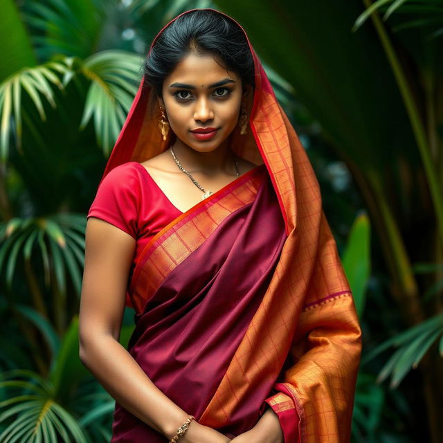 An artistic representation capturing the essence of a traditional Mallu (Malayali) woman in a vibrant, richly colored saree