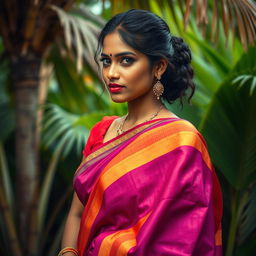 An artistic representation capturing the essence of a traditional Mallu (Malayali) woman in a vibrant, richly colored saree