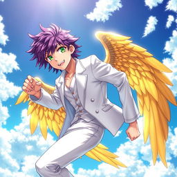 A captivating light novel cover featuring a charismatic male character with shaggy purple hair expertly combed back, his striking emerald eyes shining with confidence and allure
