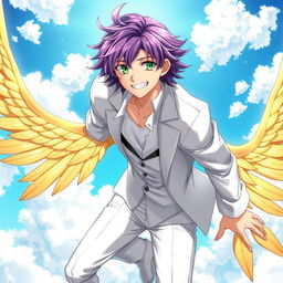 A captivating light novel cover featuring a charismatic male character with shaggy purple hair expertly combed back, his striking emerald eyes shining with confidence and allure