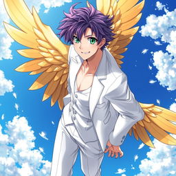 A captivating light novel cover featuring a charismatic male character with shaggy purple hair expertly combed back, his striking emerald eyes shining with confidence and allure