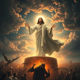 The descent of Prophet Isa (Jesus) as a heroic figure, clad in radiant white robes, his countenance glowing with divine light