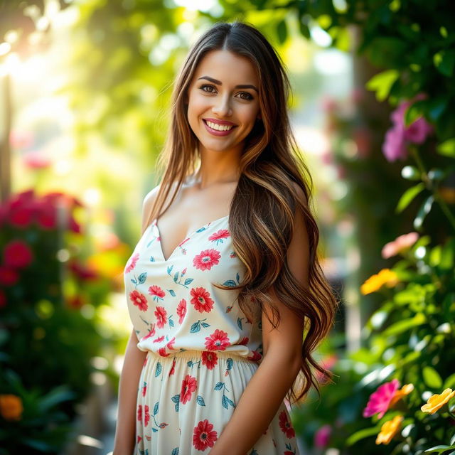 A portrait of a beautiful woman standing confidently in a vibrant outdoor setting, surrounded by lush greenery and colorful flowers