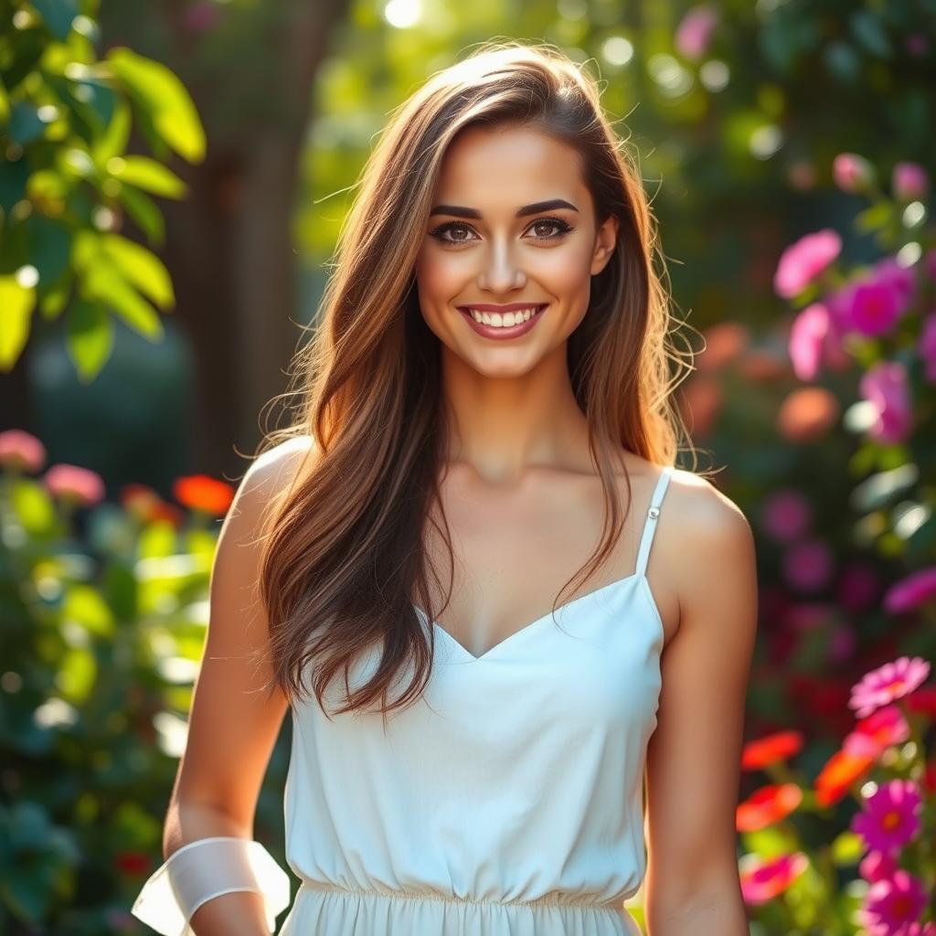 A portrait of a beautiful woman standing confidently in a vibrant outdoor setting, surrounded by lush greenery and colorful flowers