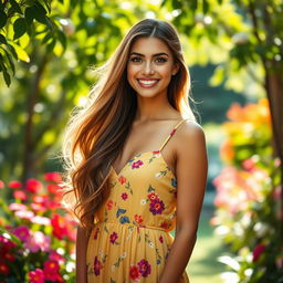 A portrait of a beautiful woman standing confidently in a vibrant outdoor setting, surrounded by lush greenery and colorful flowers