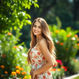 A portrait of a beautiful woman standing confidently in a vibrant outdoor setting, surrounded by lush greenery and colorful flowers