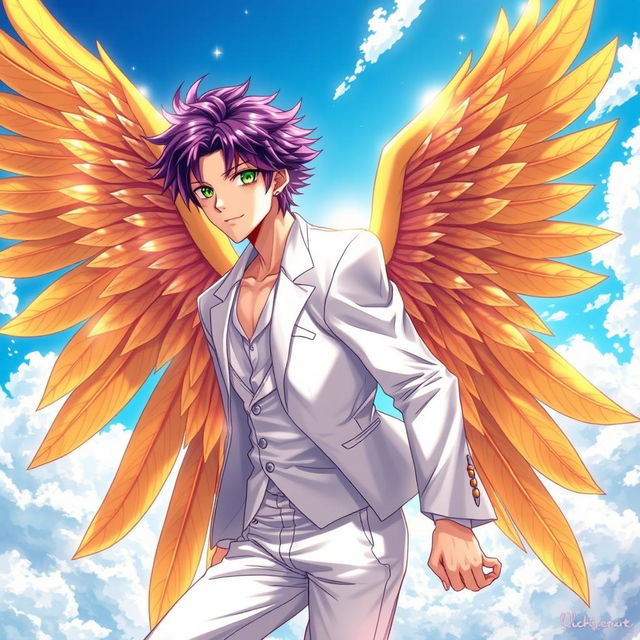 A mesmerizing light novel cover featuring a charismatic male character with shaggy purple hair elegantly combed back, showcasing his vivid emerald eyes that sparkle with confidence and charm