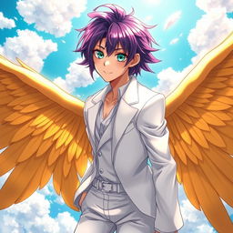 A mesmerizing light novel cover featuring a charismatic male character with shaggy purple hair elegantly combed back, showcasing his vivid emerald eyes that sparkle with confidence and charm