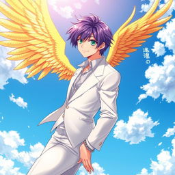 A mesmerizing light novel cover featuring a charismatic male character with shaggy purple hair elegantly combed back, showcasing his vivid emerald eyes that sparkle with confidence and charm
