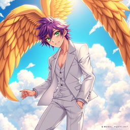 A mesmerizing light novel cover featuring a charismatic male character with shaggy purple hair elegantly combed back, showcasing his vivid emerald eyes that sparkle with confidence and charm