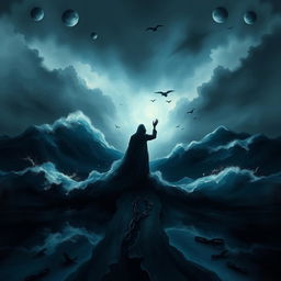 An abstract representation of emotional turmoil, showcasing a figure engulfed in shadows symbolizing despair and loneliness