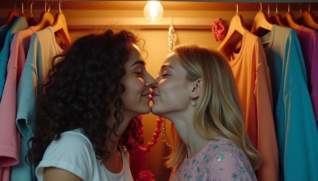 Two teenage girls sharing a sweet kiss inside a cozy closet