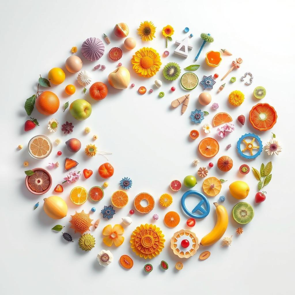 A vibrant and colorful visualization of a circle filled with various objects including fruits, flowers, gears, and abstract shapes