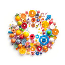 A vibrant and colorful visualization of a circle filled with various objects including fruits, flowers, gears, and abstract shapes