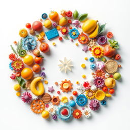 A vibrant and colorful visualization of a circle filled with various objects including fruits, flowers, gears, and abstract shapes