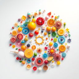 A vibrant and colorful visualization of a circle filled with various objects including fruits, flowers, gears, and abstract shapes