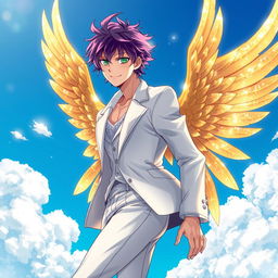 A stunning light novel cover featuring a captivating male character with shaggy amethyst hair, styled back to reveal his piercing emerald eyes that radiate confidence and charm