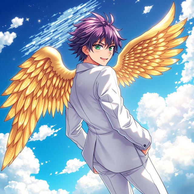 A stunning light novel cover featuring a captivating male character with shaggy amethyst hair, styled back to reveal his piercing emerald eyes that radiate confidence and charm