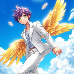 A stunning light novel cover featuring a captivating male character with shaggy amethyst hair, styled back to reveal his piercing emerald eyes that radiate confidence and charm