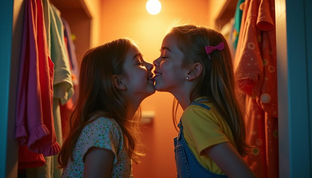 Two young girls sharing a playful kiss inside a charming closet, surrounded by colorful clothes and accessories