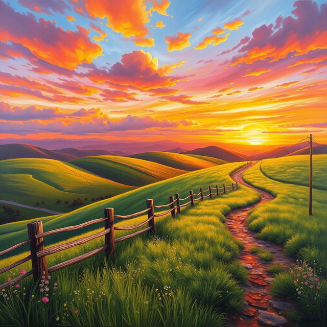 A stunning landscape painting featuring a vibrant sunset over rolling hills, with rich colors of orange, pink, and purple blending seamlessly in the sky