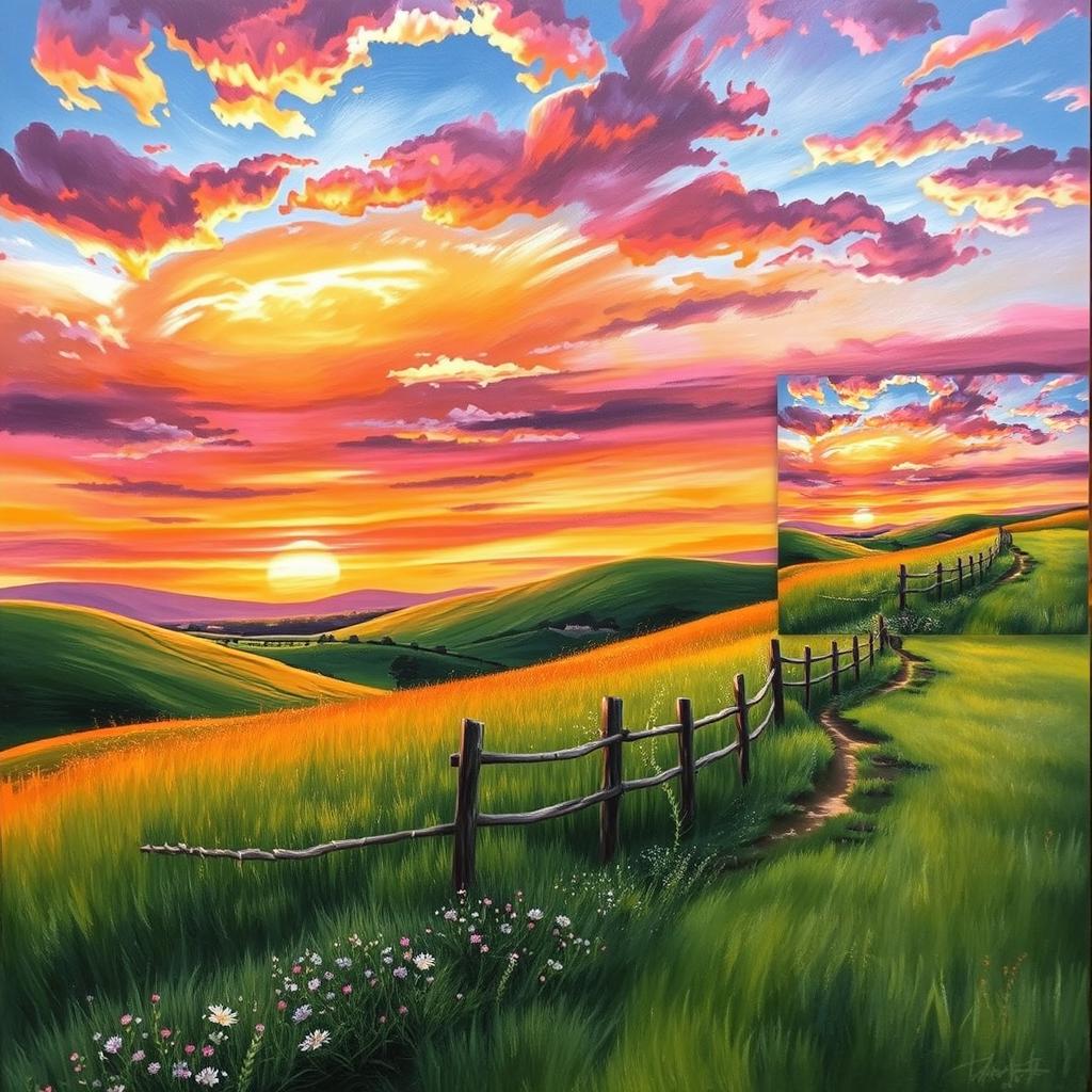 A stunning landscape painting featuring a vibrant sunset over rolling hills, with rich colors of orange, pink, and purple blending seamlessly in the sky