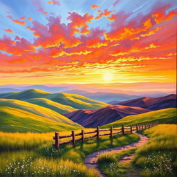 A stunning landscape painting featuring a vibrant sunset over rolling hills, with rich colors of orange, pink, and purple blending seamlessly in the sky