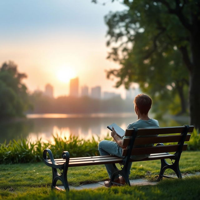 A serene and introspective scene depicting a person sitting on a park bench, gazing at a calming lake surrounded by lush greenery