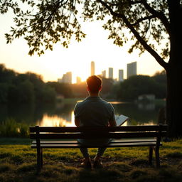 A serene and introspective scene depicting a person sitting on a park bench, gazing at a calming lake surrounded by lush greenery